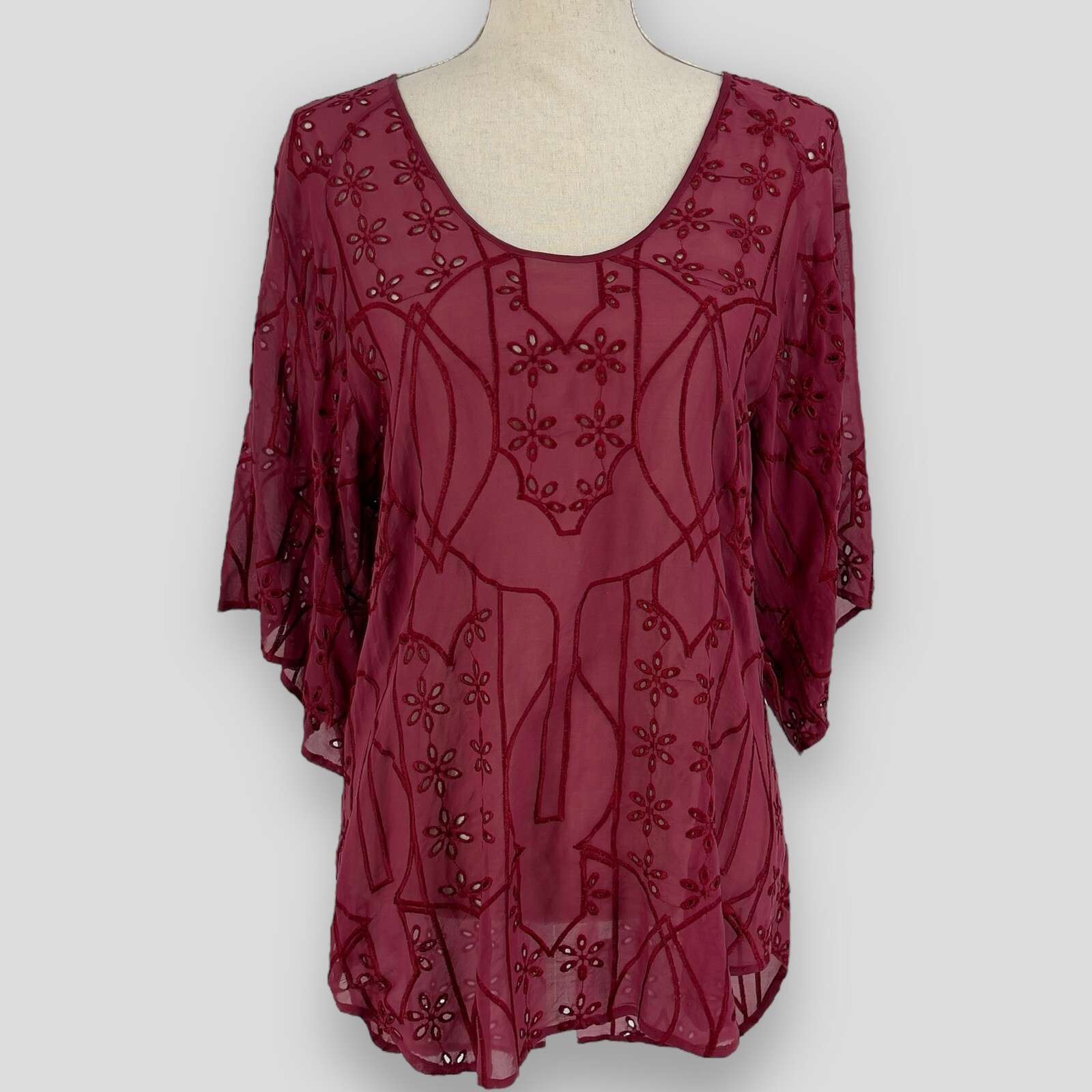Language Tunic Blouse Womens Small Sheer Silk Embroidered Eyelet 3/4 Wide Sleeve