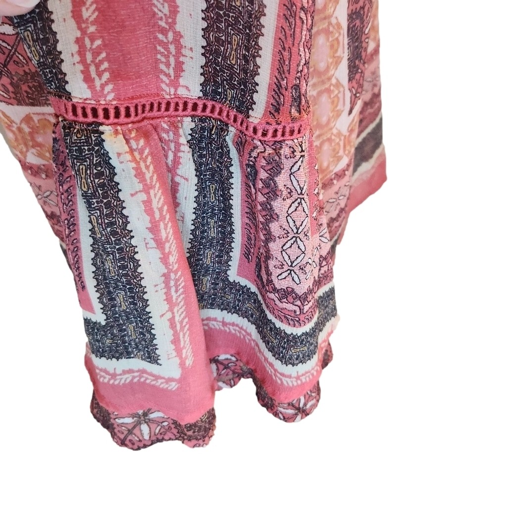 Knox Rose Ethnic Patterned Tunic in Coral Browns Gray Sz: S Oversized Flowy Boho