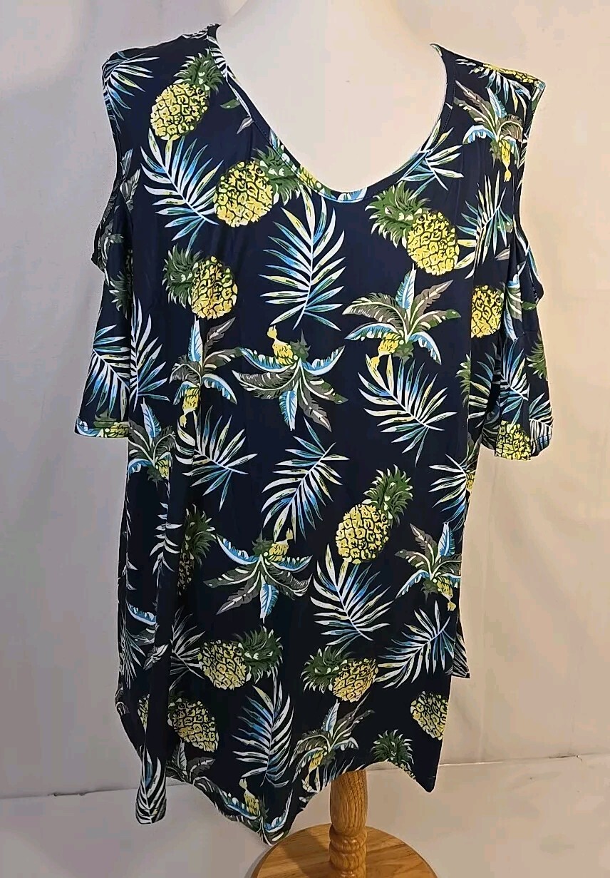 Sz 4X Allegrace Pullover Top. Ladies Cold Shoulder, Pineapple Print, New