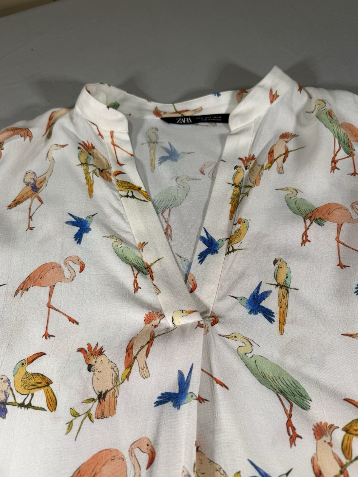 ZARA Women’s Bird Print Blouse S White Tropical Flamingo Parrot Boho Top