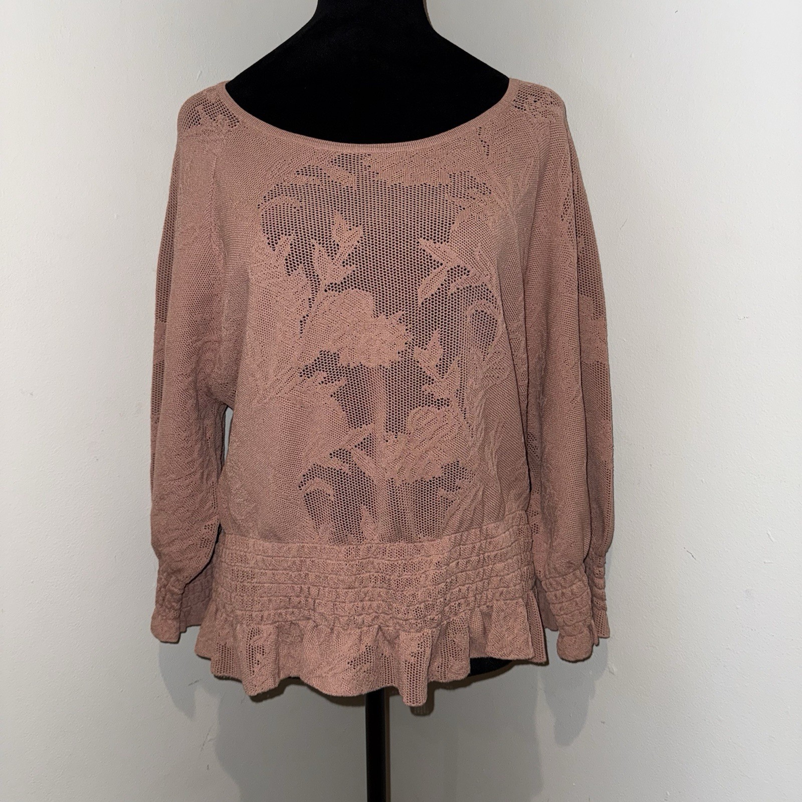Express Women’s Lg Lace Stitched Smock Pullover Blouse Mauve Pink Boho Delicate