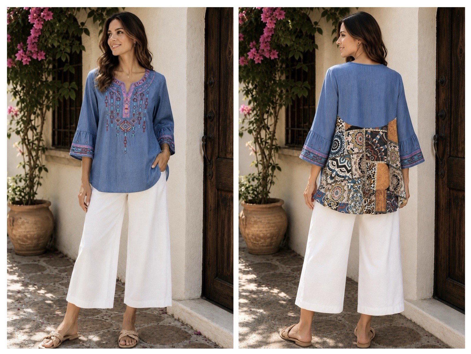 CALESSA EMBROIDERED BELL SLEEVE TOP 2X CHAMBRAY STYLE RAYON MOD ART STATEMENT
