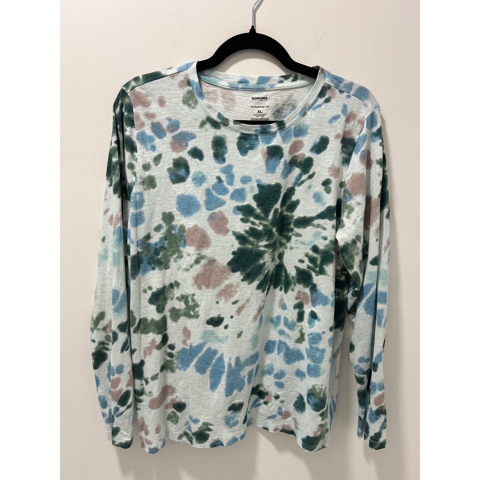 Sonoma Everyday Tee Womens XL Long Sleeve Tie Dye 100% Cotton T-Shirt Green Blue