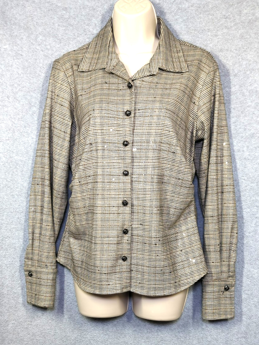 Karen Kane Shirt S Sequin Accents Houndstooth Pleated Sides Sophisticate Chic