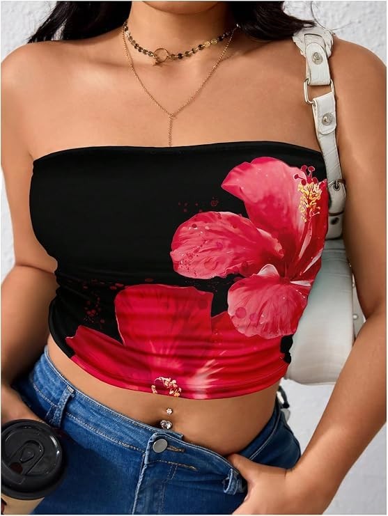 Women’s Plus Size Floral Tube Top Y2k Strapless Sleeveless Summer Bandeau Crop