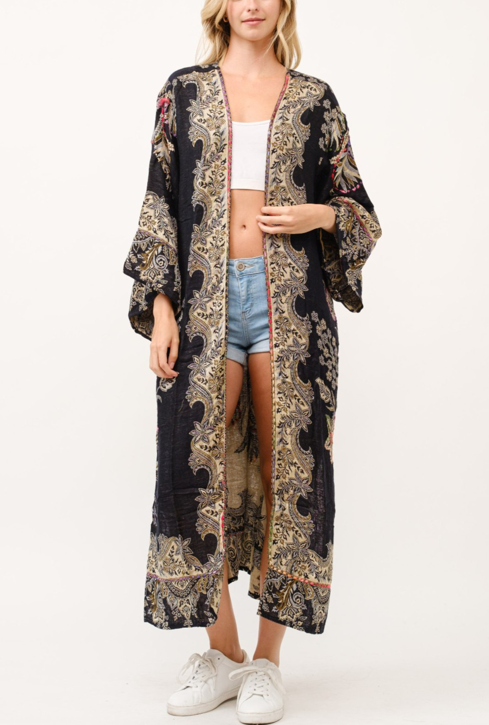 Boho Black Paisley Floral Embroidered Maxi Kimono Gypsy Hippie Duster Ca G2U