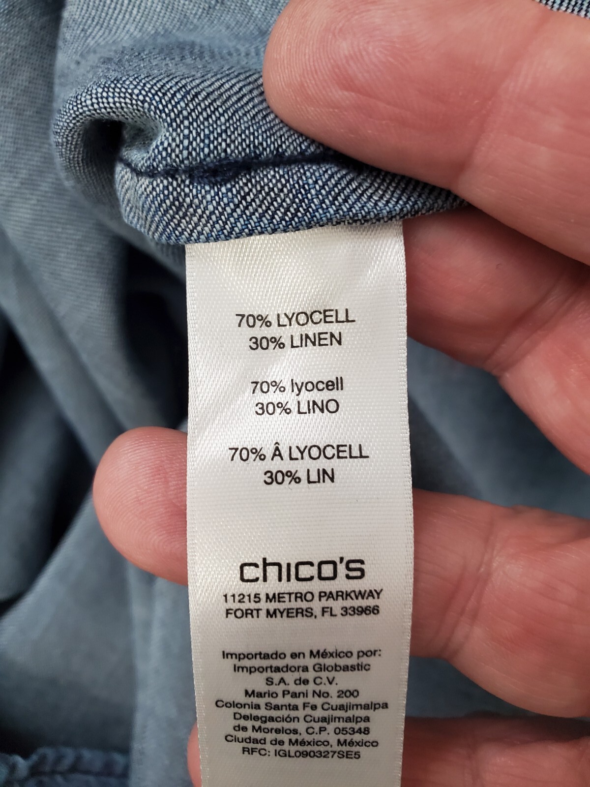 Chico’s Chambray Denim Off Shoulder Linen/Lyocell Elastic Cuff Top Size 1 Medium
