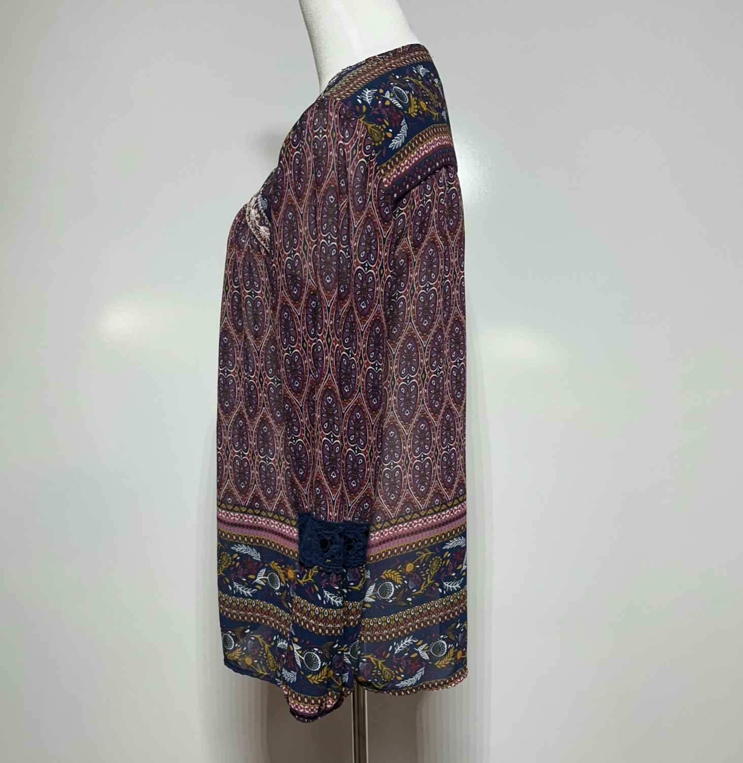 Knox Rose Top Womens Medium Purple Paisley Ruffle Lace Up Neck Tassel Sheer Boho