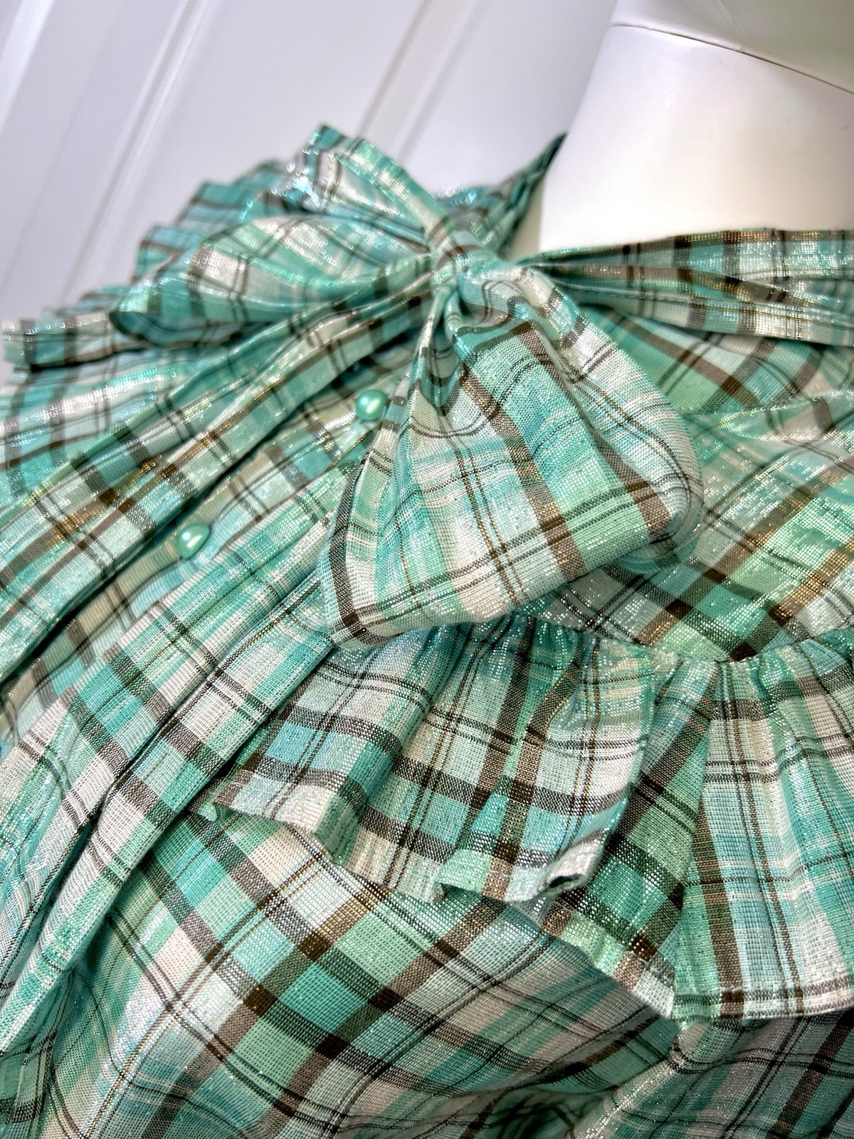 Macy’s Charter plaid mint and brown metallic frilly button-up blouse shirt