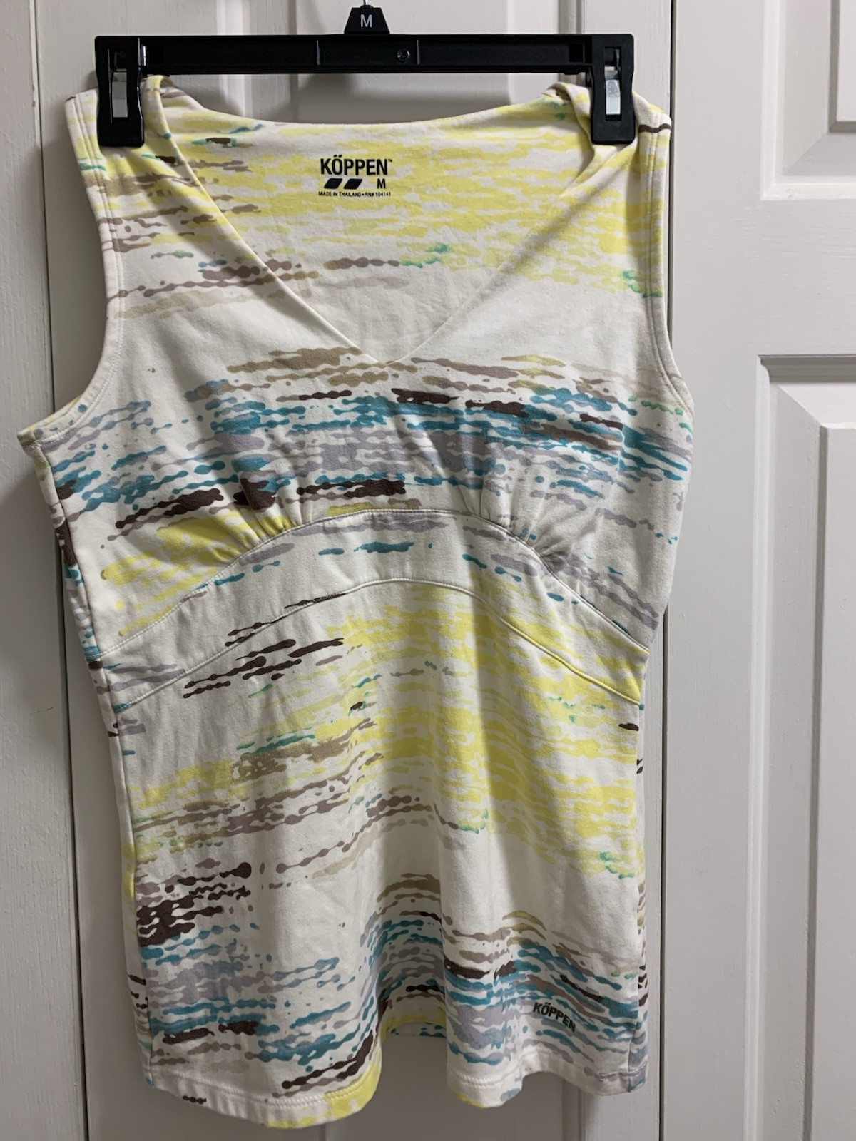 Köppen Abstract Knit Sleeveless V-Neck Top White Yellow Blue Brown M
