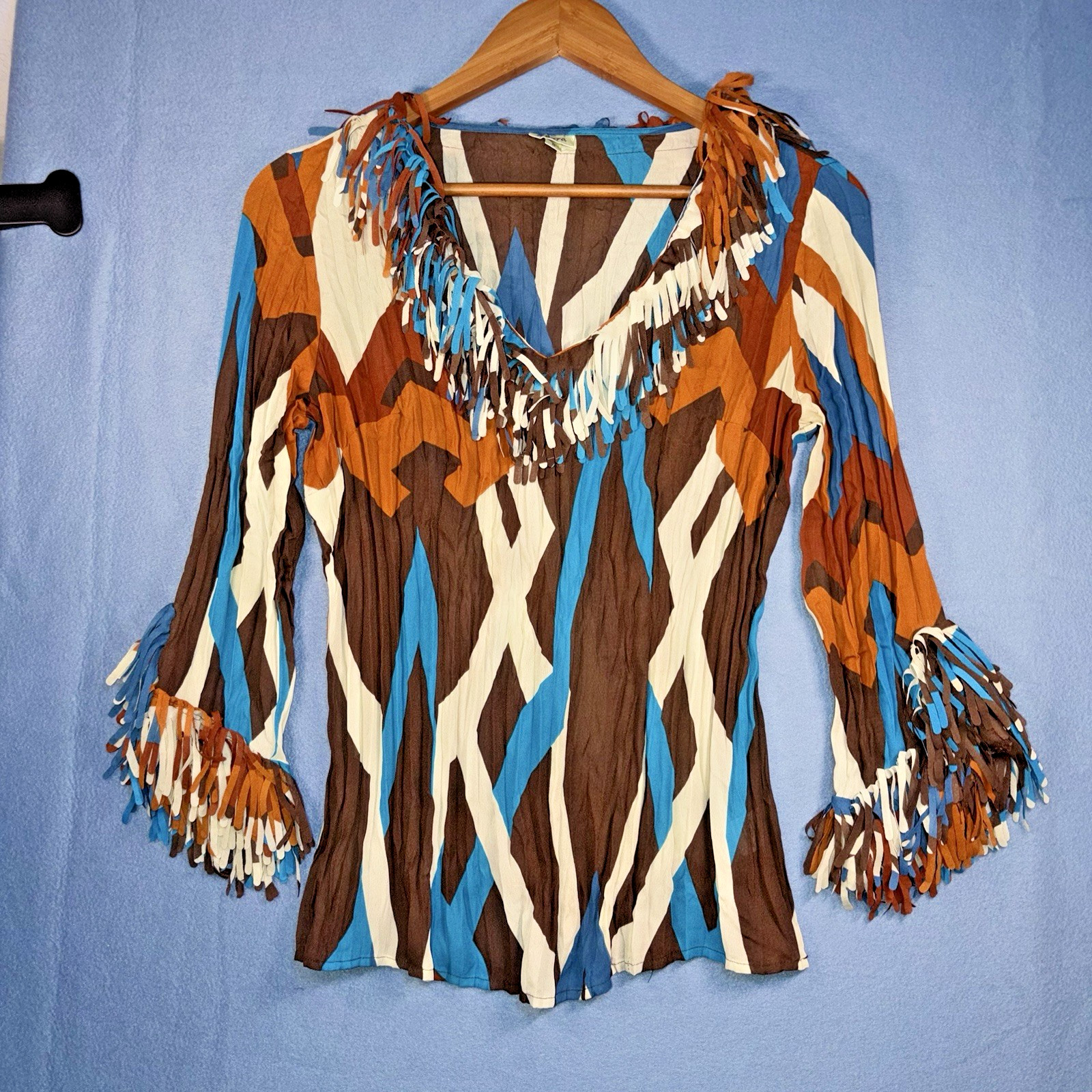 Agora Boho Fringe Top Womens Small Geometric Print Western Festival Y2K Blouse