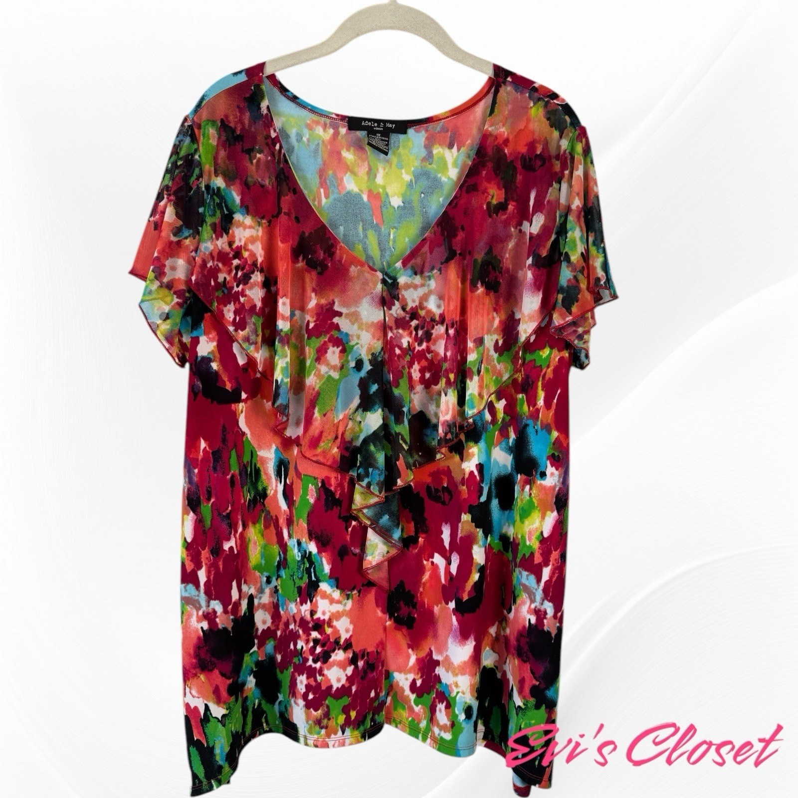 Adele & May Top Sheer Red Blue Green Short Flutter Sleeves V Neck Overlay Sz 1 X