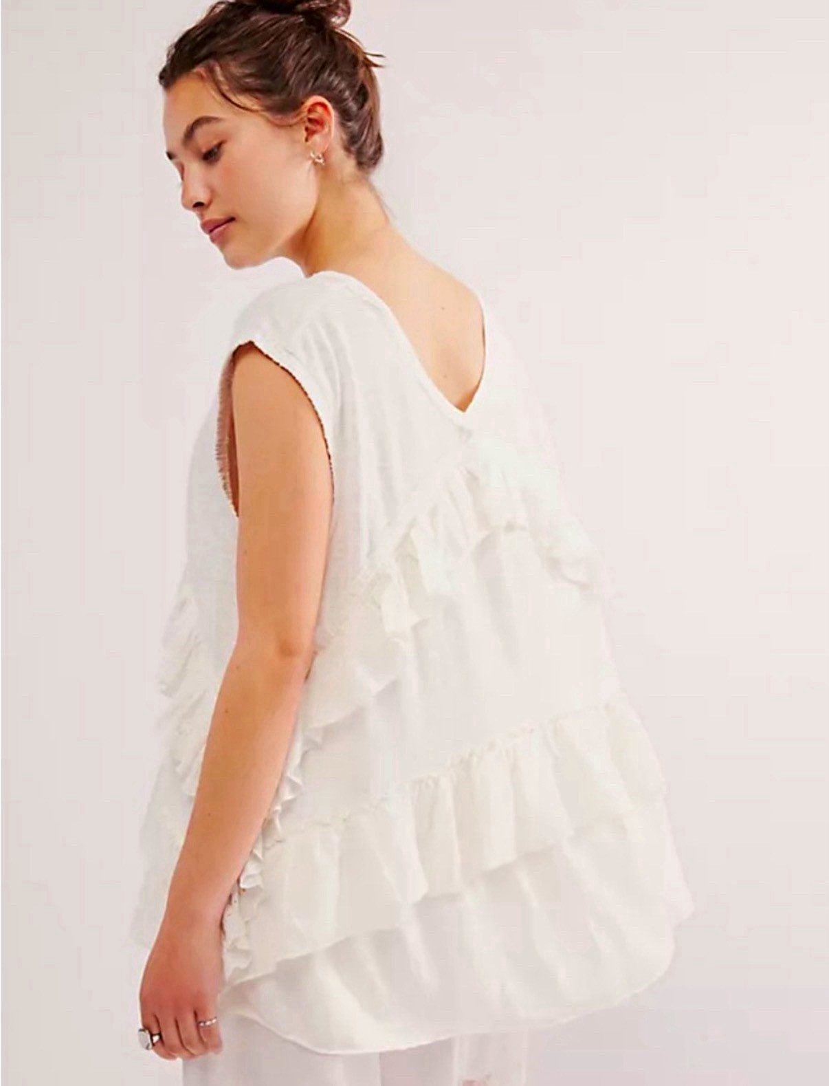 Free People Claire White Ruffle Eyelet & Gauze Trim Sleeveless Tee Top Size XL