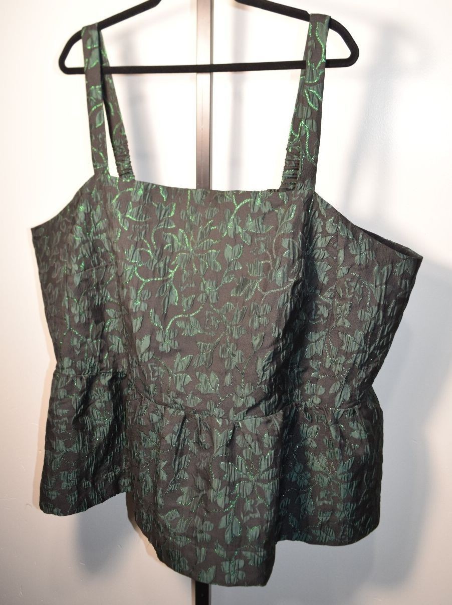 NWOT Scoop Womens Plus 4X Black Green Metallic Floral Jacquard Peplum Camisole