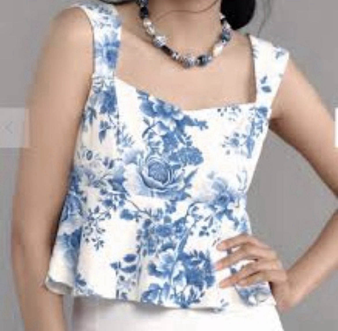 Anthropologie Maeve size XL square neck peplum top blue & white floral toile