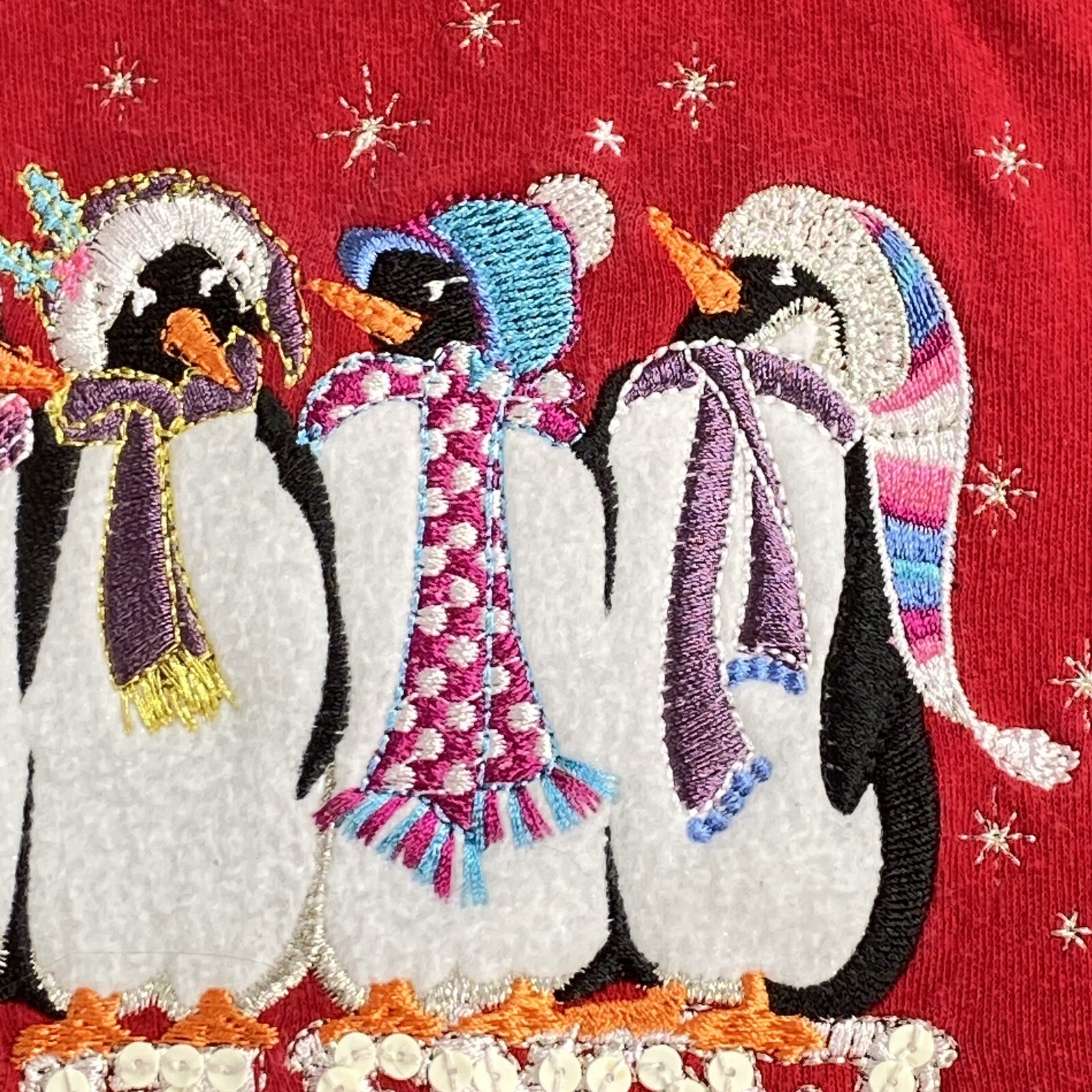 Christmas Let It Snow Penguin Top Women M Red Embroidered Sequin Holiday Winter