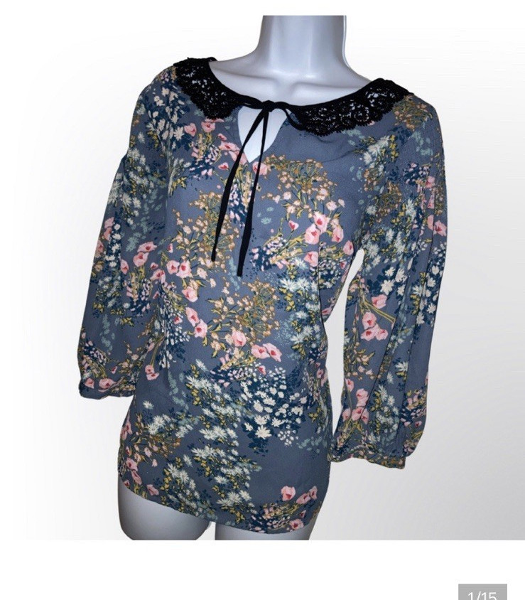 Disney Floral Chiffon Lace Collar Tie Neck Long Sleeve Blouse, M, Blue