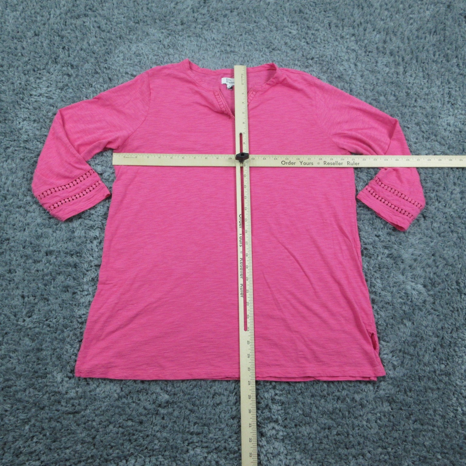 Kim Rogers Top Womens Medium Pink 3/4 Sleeve Tunic Boho Crochet Trim Lightweight