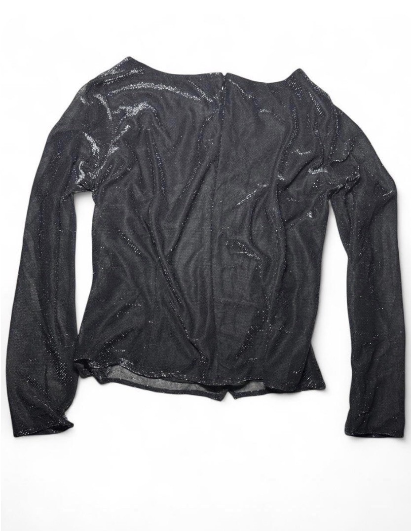 VTG SIMCO Black Shimmer Mesh Long Sleeve New Years Top Sheer Lined Y2K Party M/L