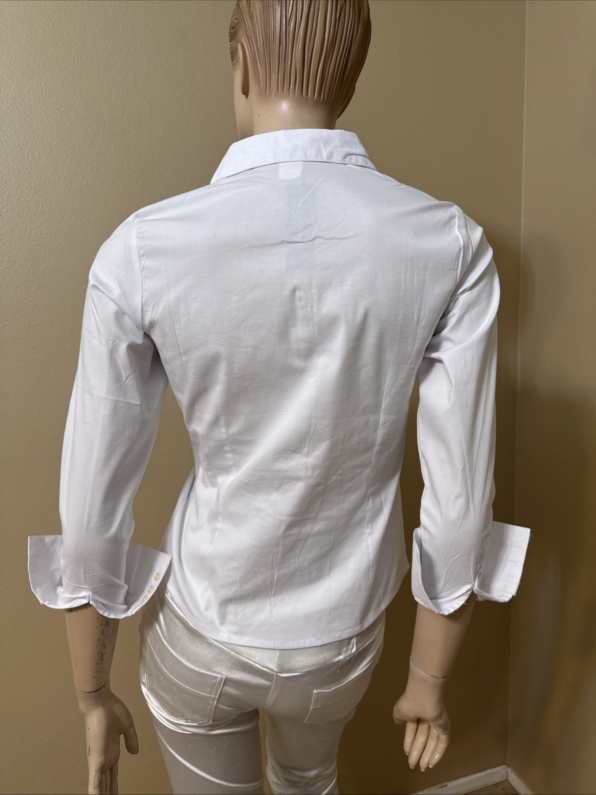 Women’s White Cotton Classic Stretch Slim Beaded Buttons Size L Shirt Blouse Top