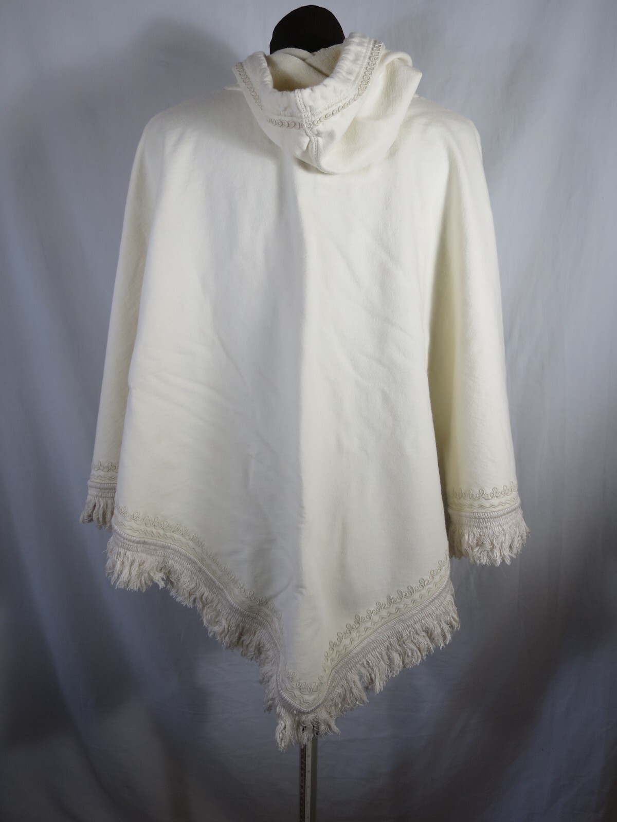 Lucky Hooded Poncho Cream Medium Weight Cotton Wood Beads Fringe Ties One Size