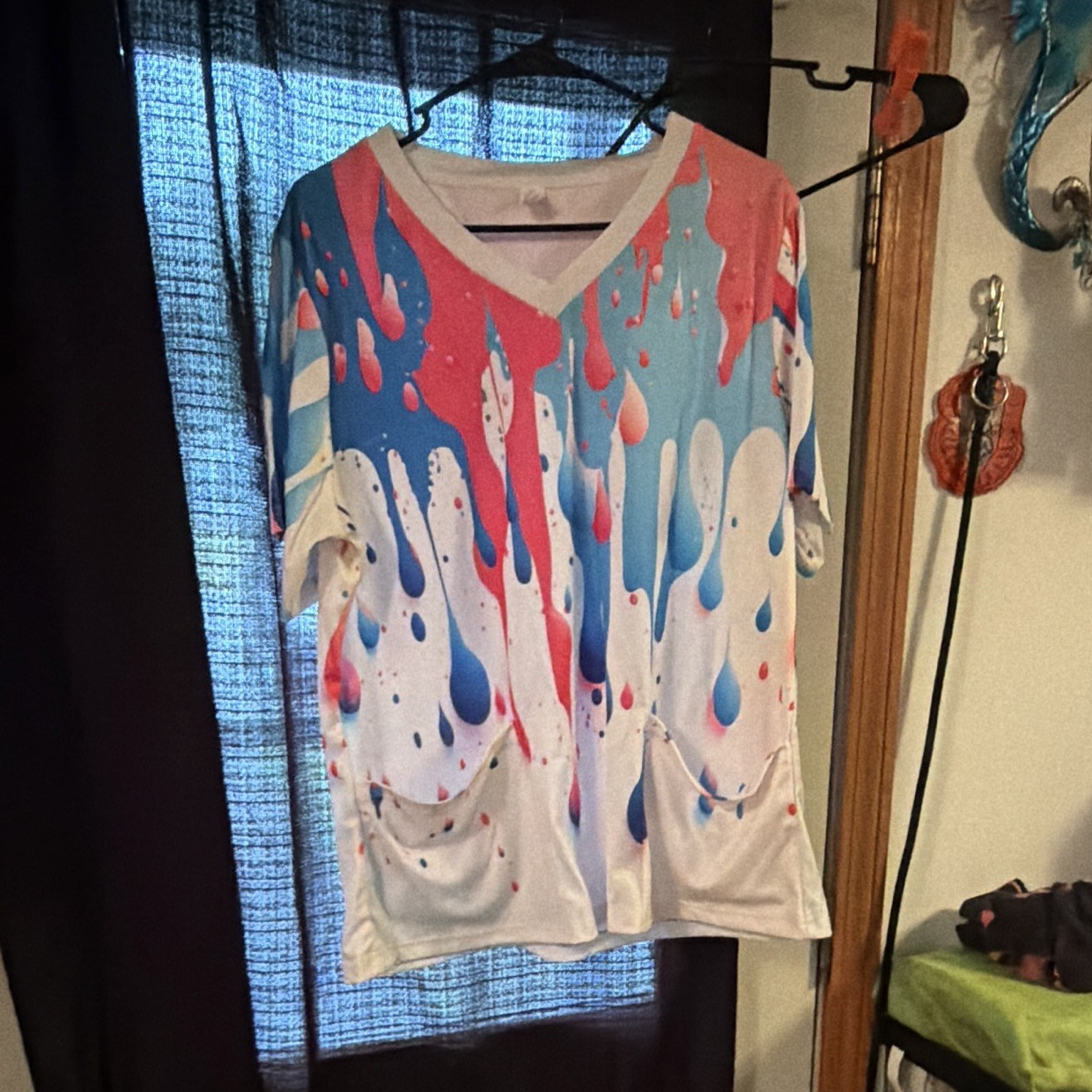 Women’s Plus 1XL Multicolor Abstract Drip Print V-Neck Long Sleeve Tunic Top