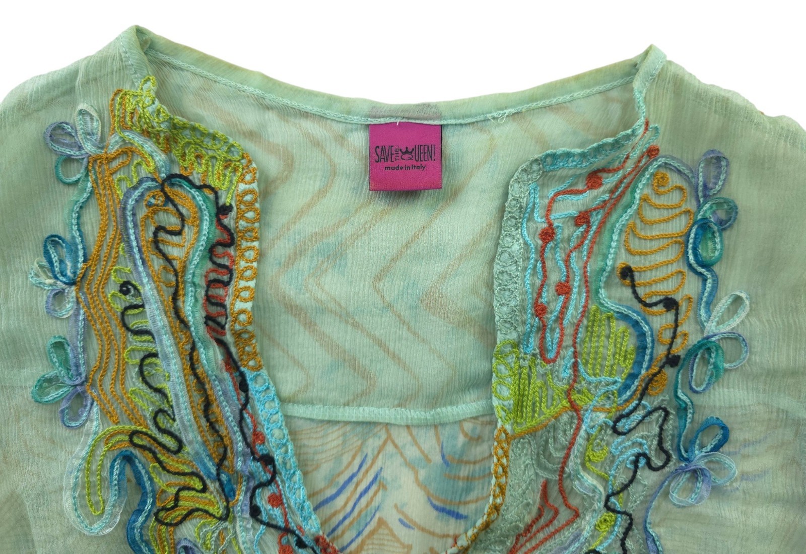 Save The Queen! Mesh Sheer Boho Top Tunika Blouse Size L Mint Green Embroidered