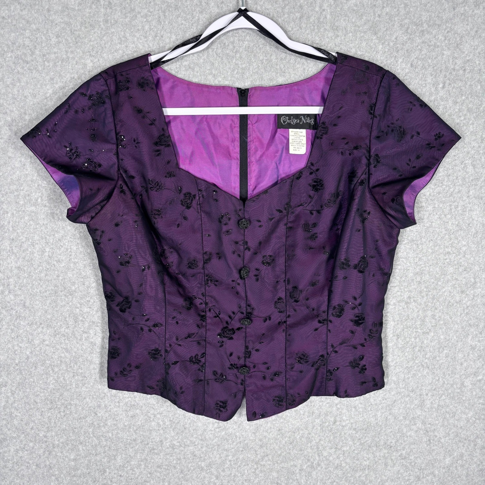 Y2K Vintage Corset Blouse 14 Floral Embroidered Glitter Fairy Grunge Whimsigoth