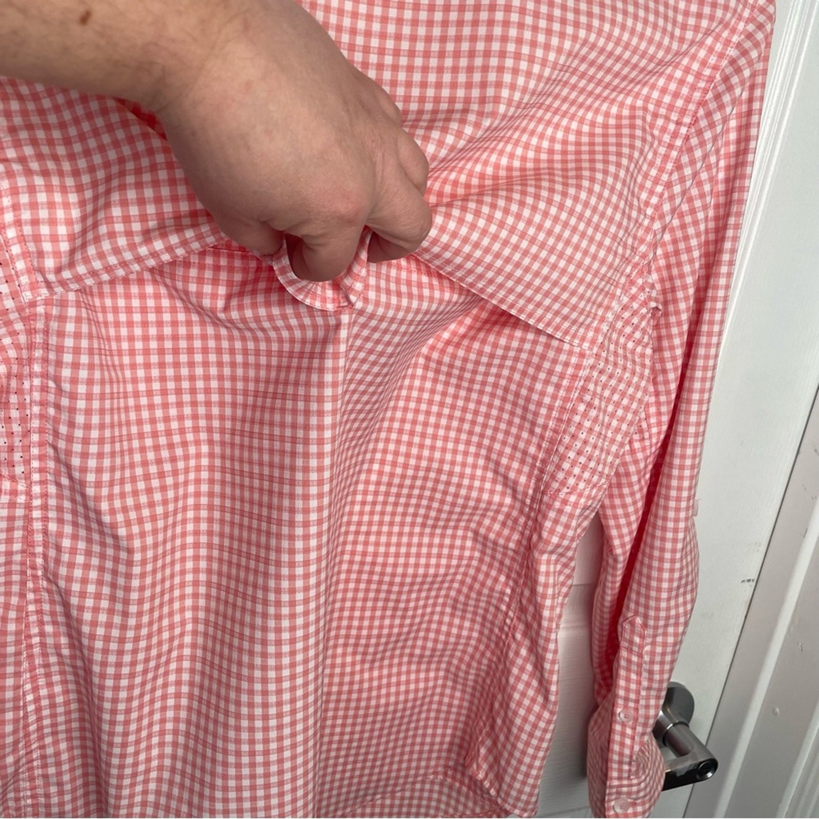 Coolibar Mylitta Travel Shirt UPF 50+ Beach Vacation in Pink/White Gingham XS