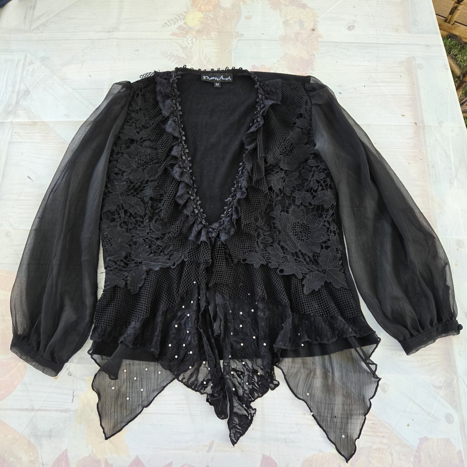 PRETTY ANGEL Women’s MEDIUM FAIRY Top Coachella Deep V-Neck See-through Sleeves