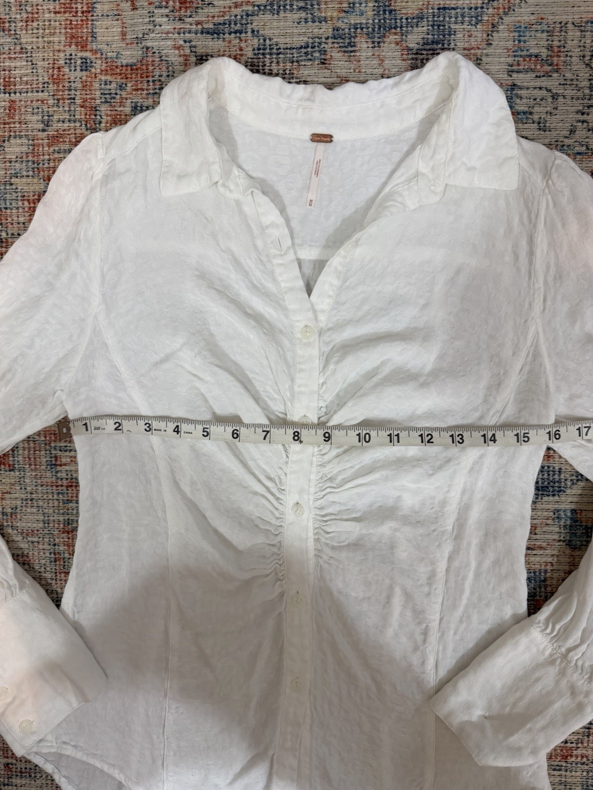 Free People Artsy Ruched Button Front Blouse White Boho Peasant Top Medium