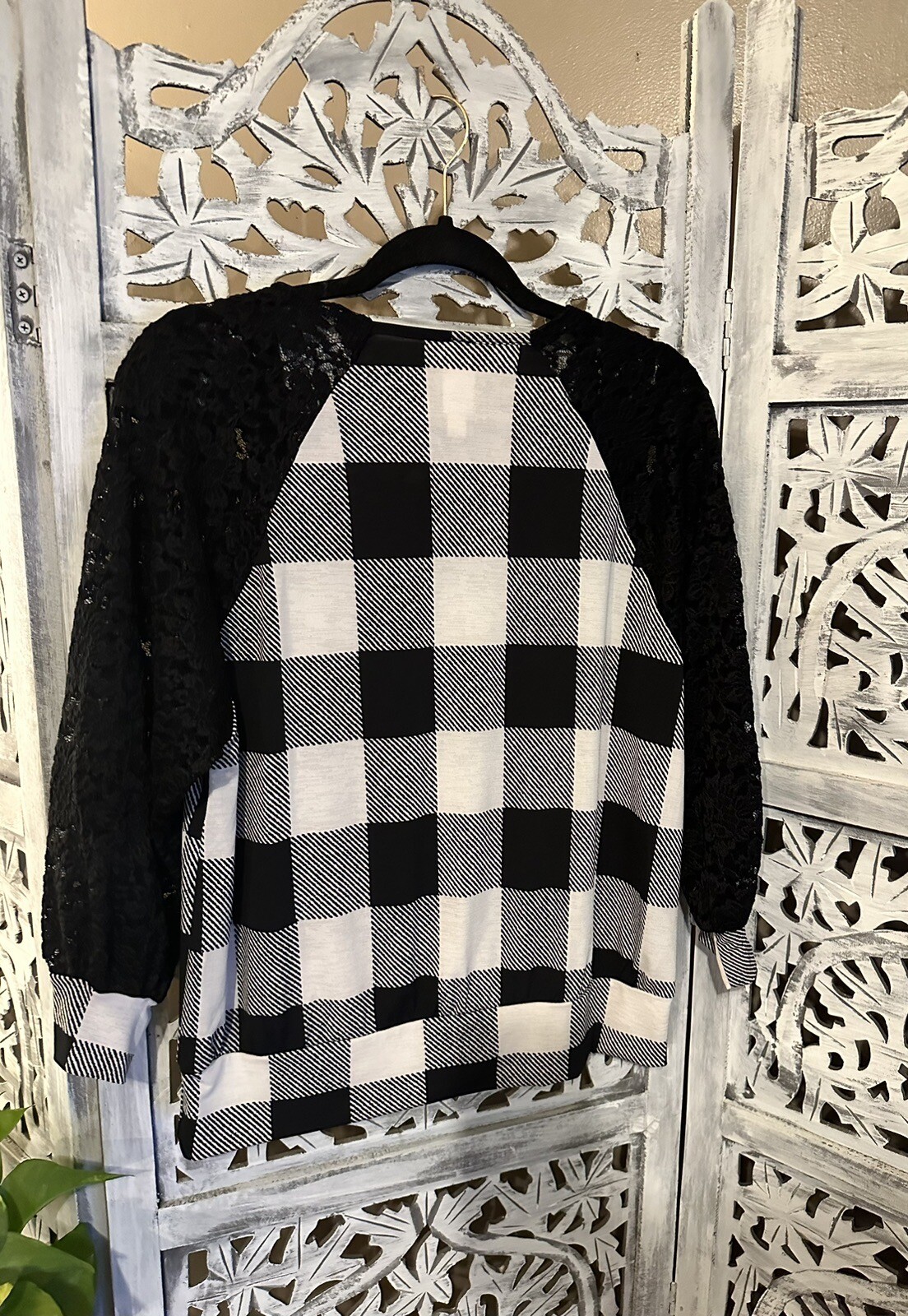 Women’s Black Plaid Lace Detailed Cuff Long Sleeve Top Small