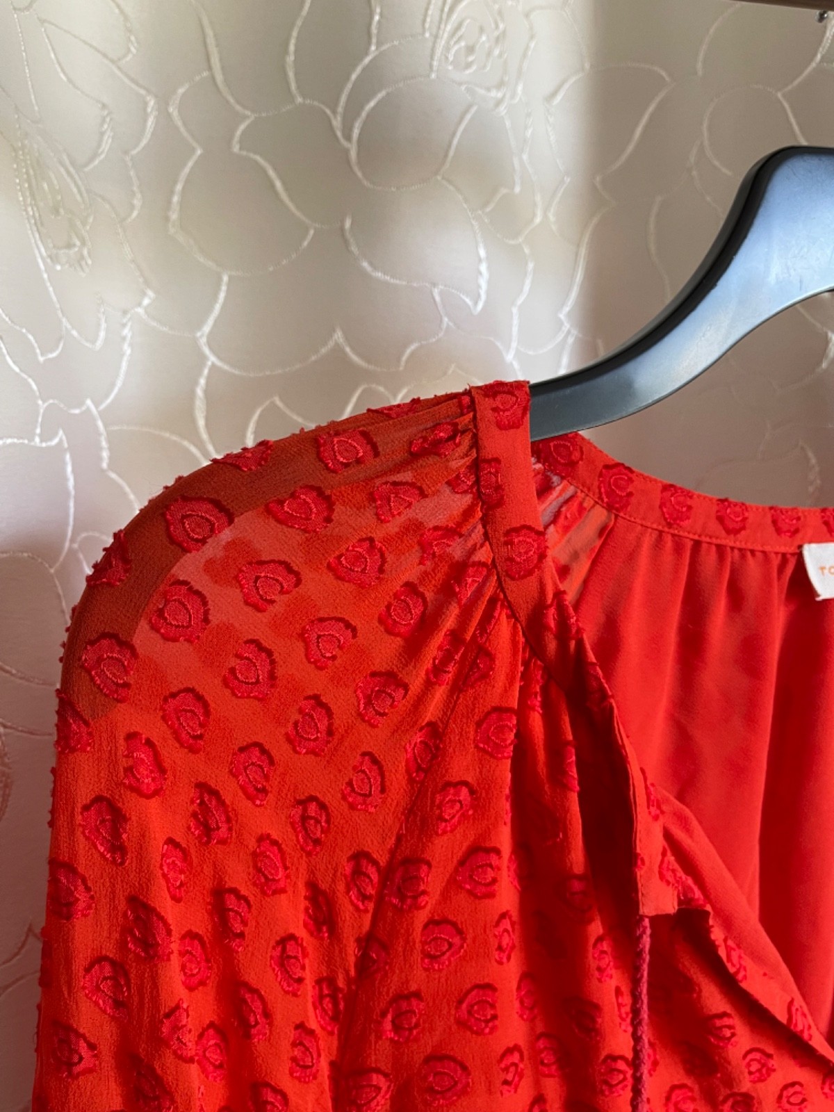 Tory Burch Leopard Jacquard Silk Blouse red Orange Tassel Ruffle 3/4 Sz 2 XS – S