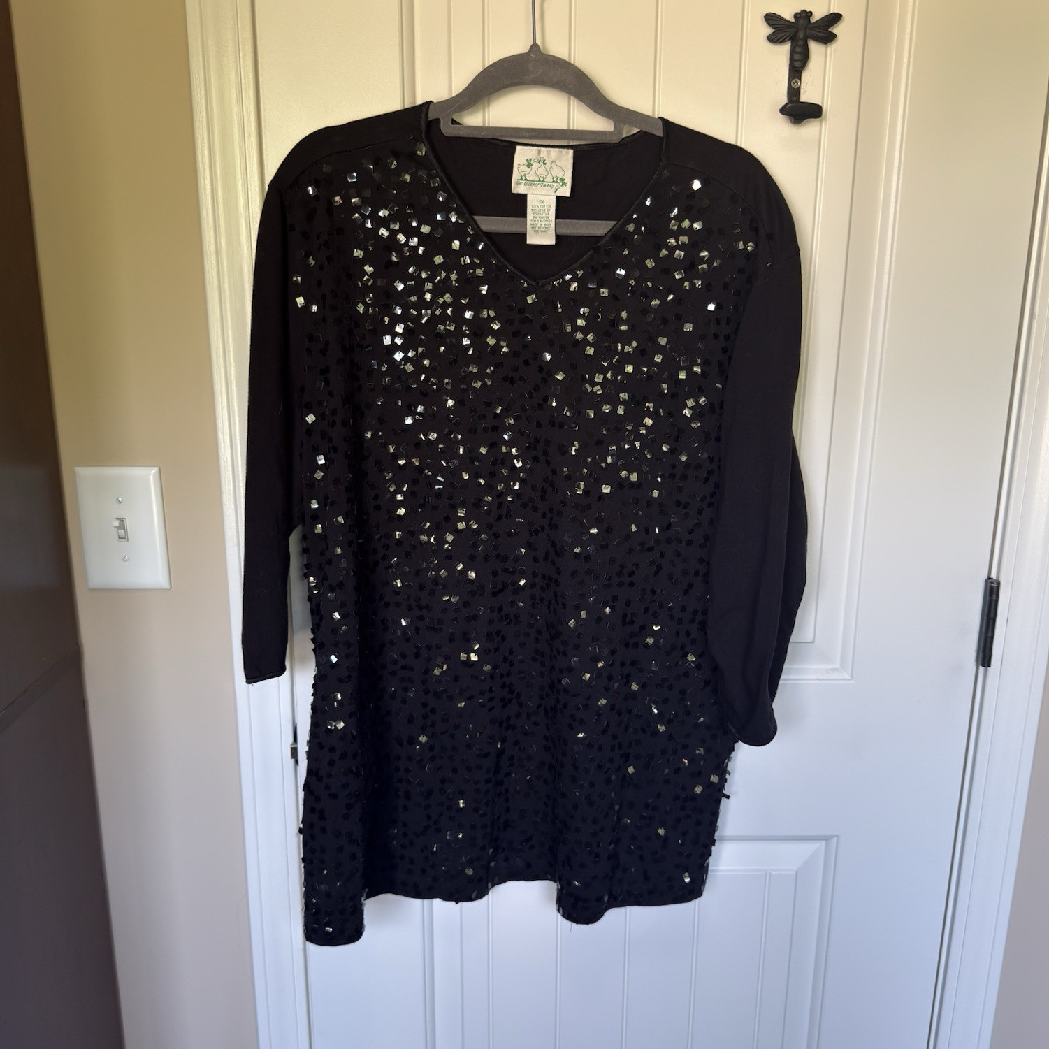 The Quacker Factory Black Sequin Tunic V-Neck 3/4 Sleeve Cotton 1X Plus