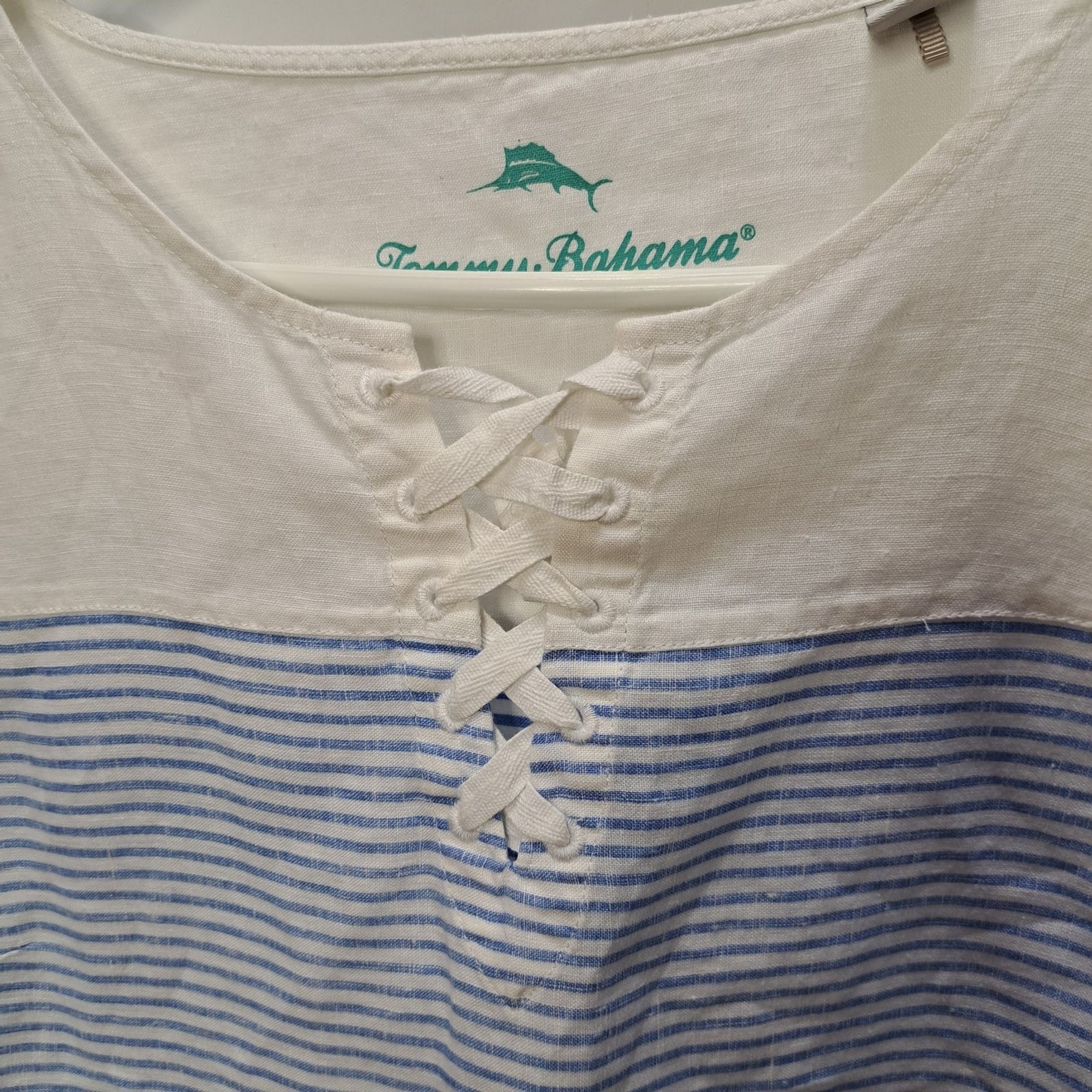 Tommy Bahama Crystaline Water Blue White Linen Lace Up Henley Shirt Top Medium