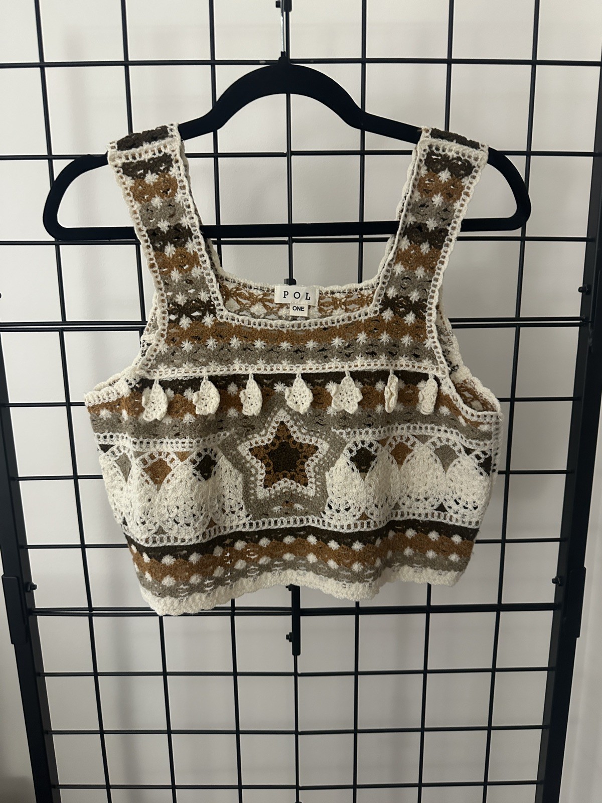 POL Crochet Tank Top Tassel Granny Square Boho One Size