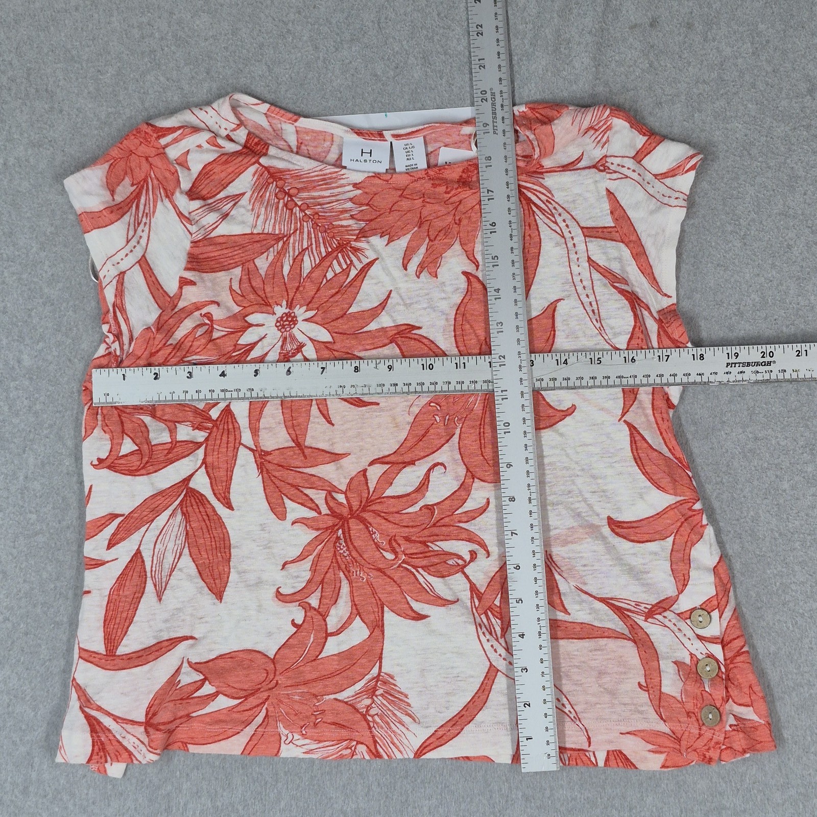 Halston Women Blouse L White Linen Floral Button Front Lightweight Coastal READ