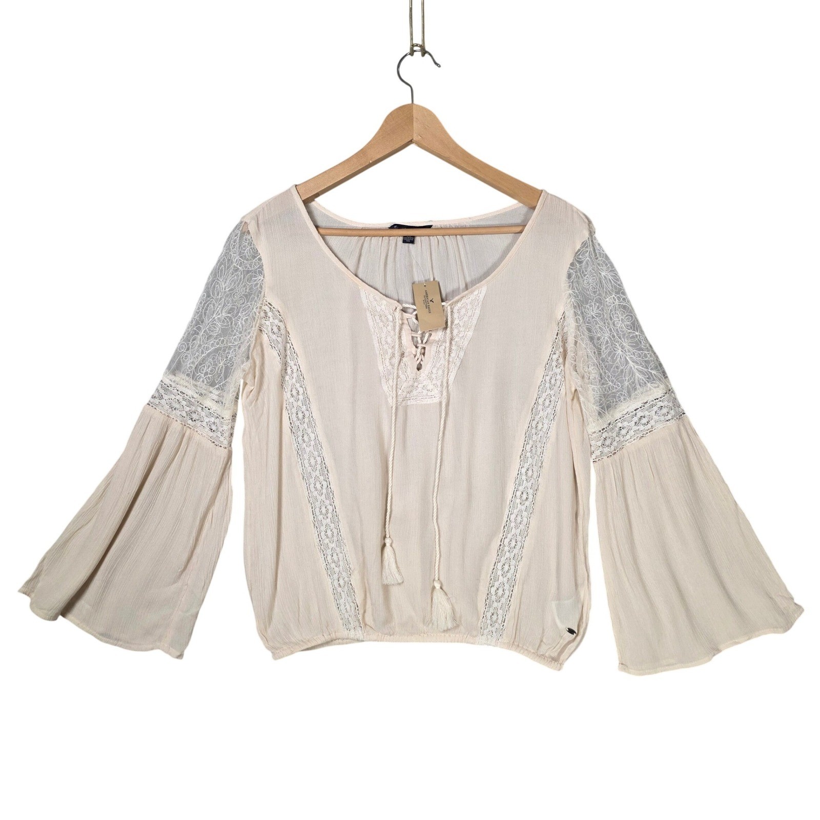American Eagle Boho Peasant Blouse Cream Sz S Flared Sleeves Lace-Up Bell Fairy