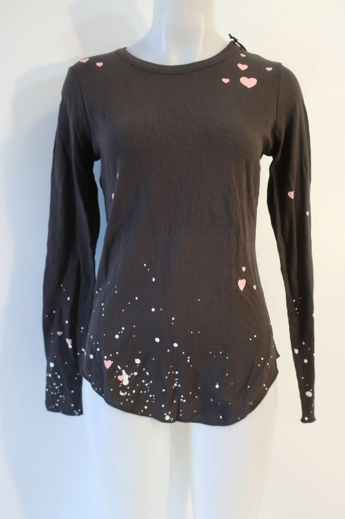 NWT Womens Chaser Vintage Black Pink White Heart Dot Graphic Waffle Top S
