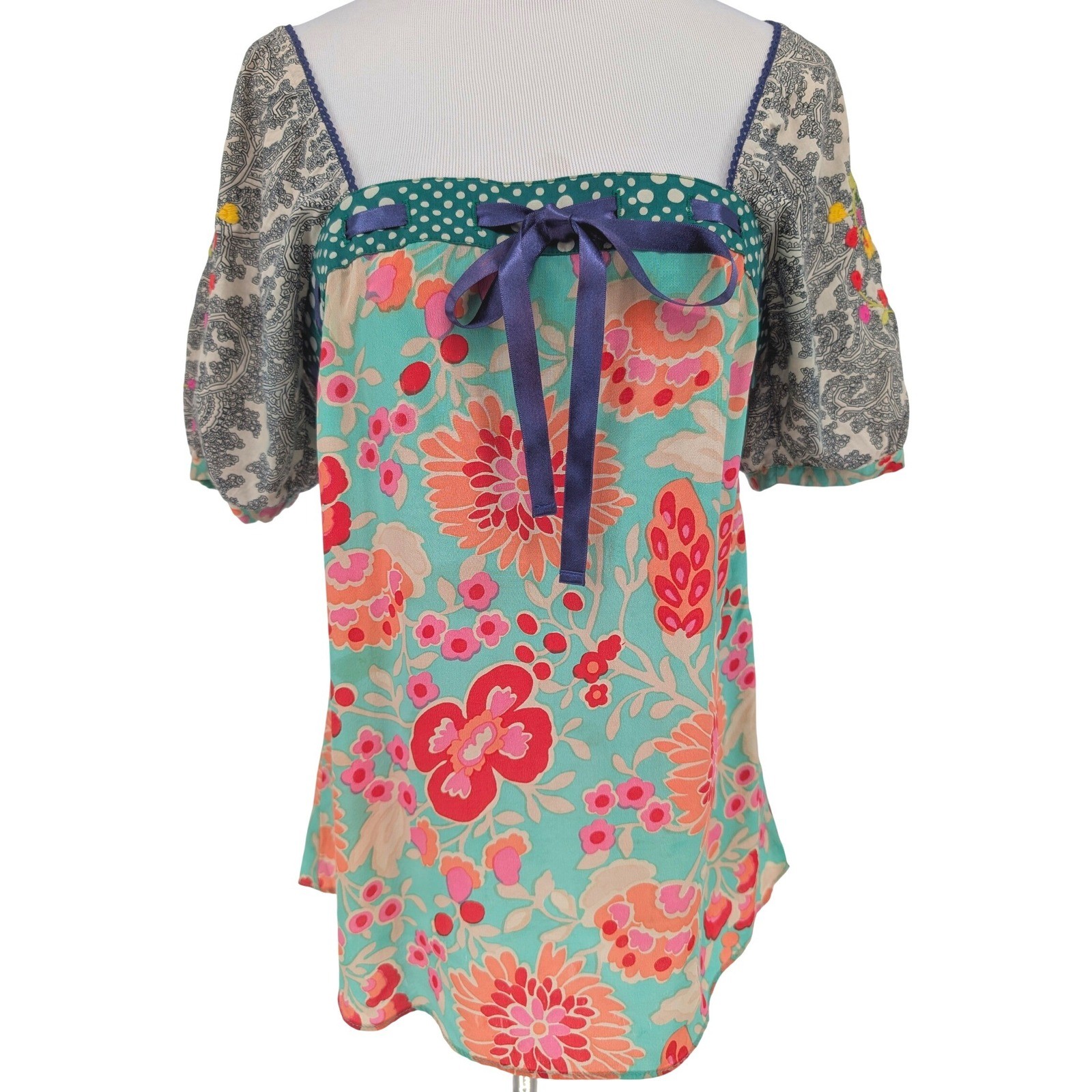 Fei Anthropologie Silk Embroidered Blouse 2 Teal Floral Paisley Boho Cottage