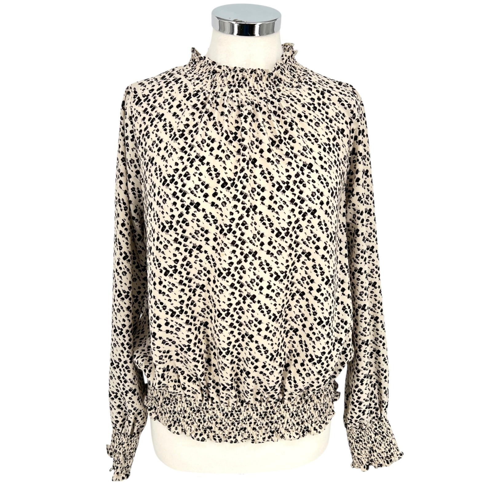 THML Brush Animal Print Smocked Ruffle Blouse Ivory Black Size Medium Boho Chic