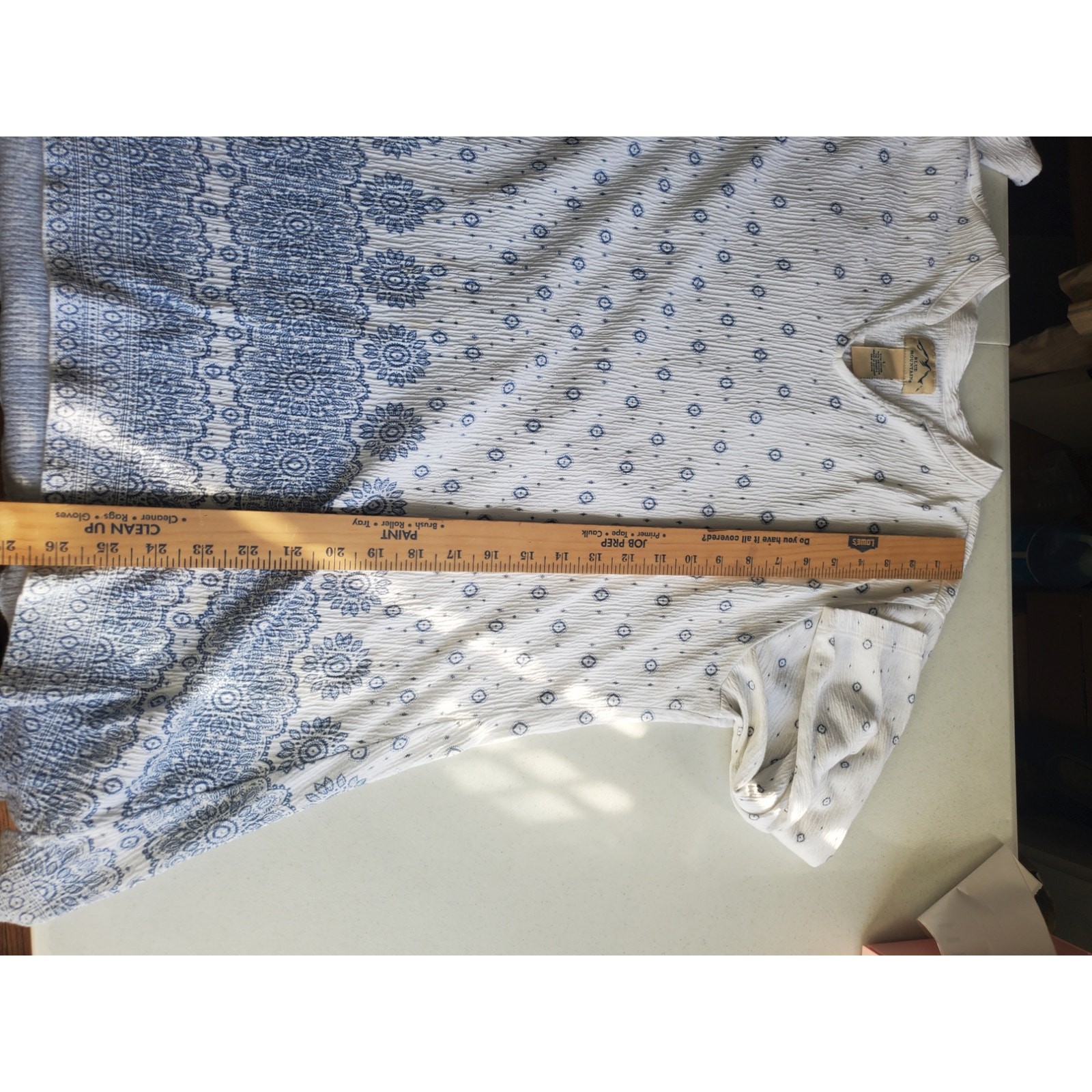 Blue Mountain Womens White and Blue 3/4 Sleeve Cotton Tunic Sizee Large Boho