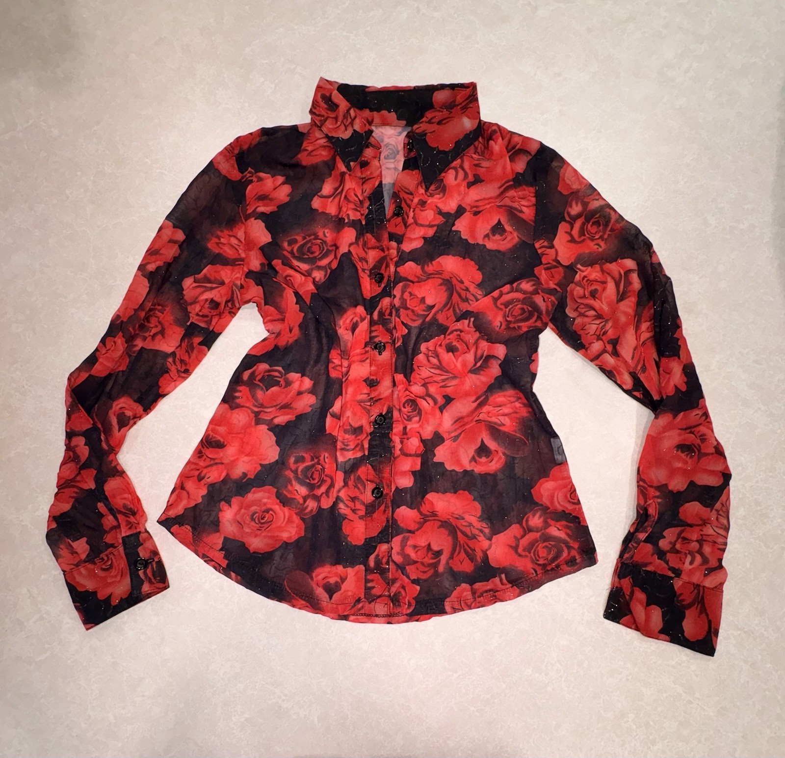Sexy Gothic Womens S Red Black Floral Sheer Chiffon Collared Button-Up Blouse