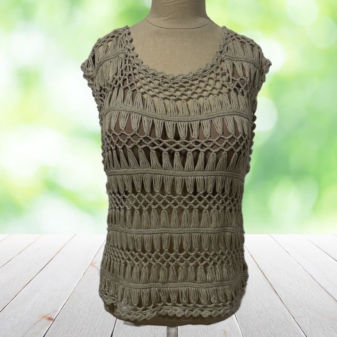 ANA Chunky Crochet Top Sheer Boho Sleeveless Festival Beachy Open Knit Womens L