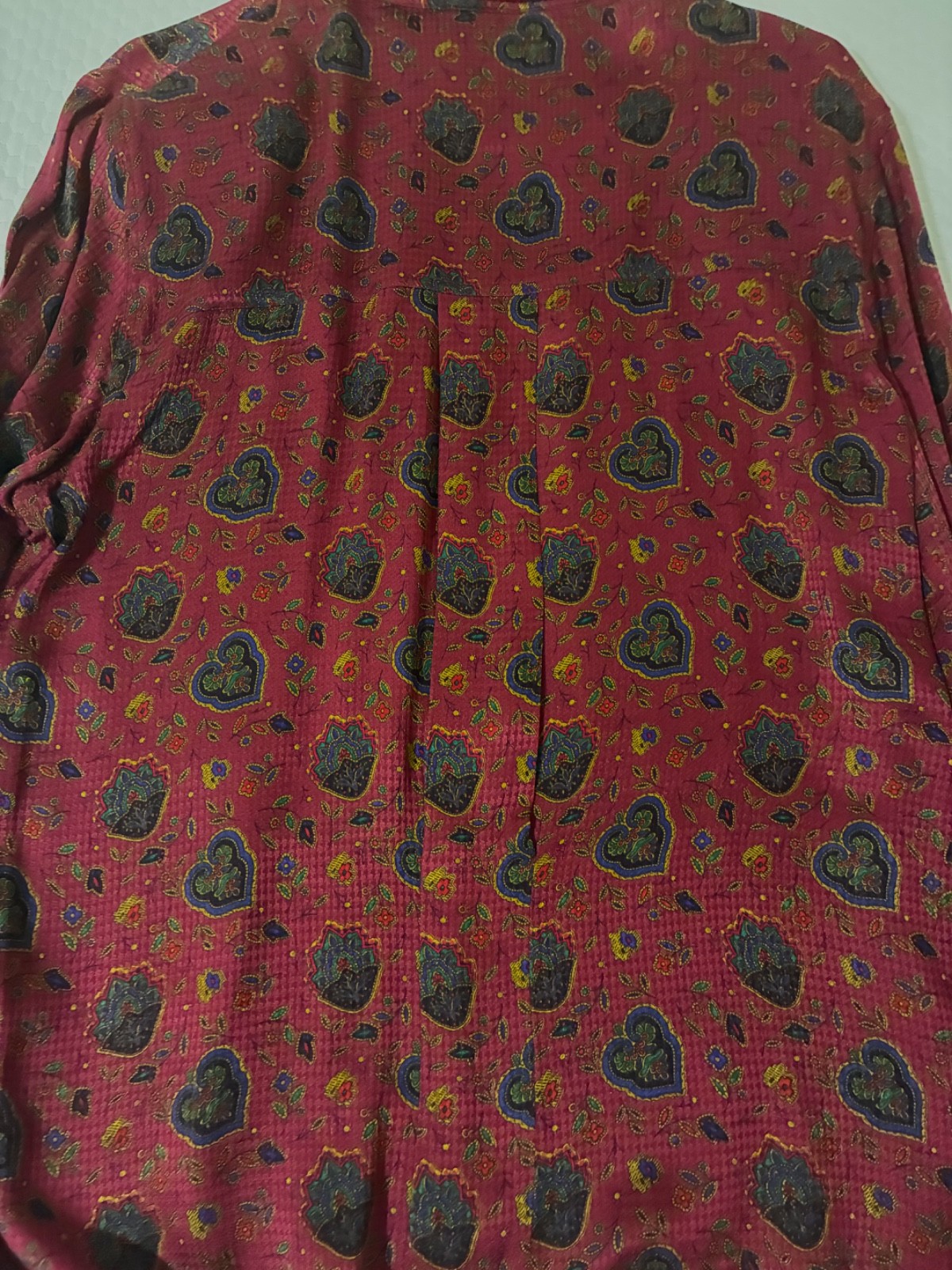 ANNE KLEIN WOMEN 100% SILK BLOUSE SZ 14 BUTTONS RED PAISLEY L/SLV ROUND COLLAR