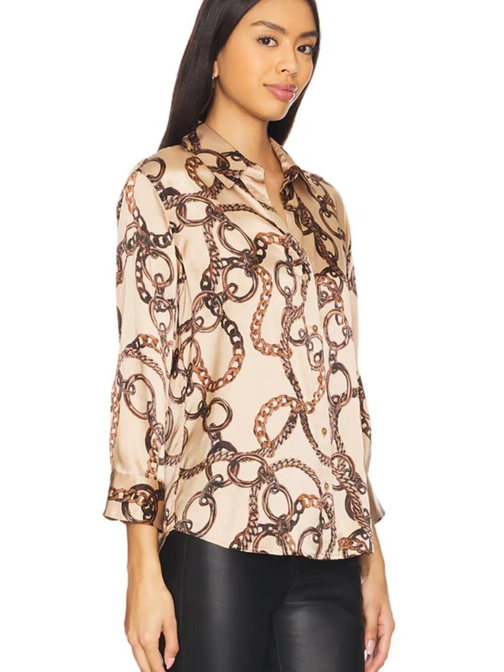L’AGENCE Dani 3/4 Sleeve Silk Blouse in Almond & Brown Oversized Chain S NWT
