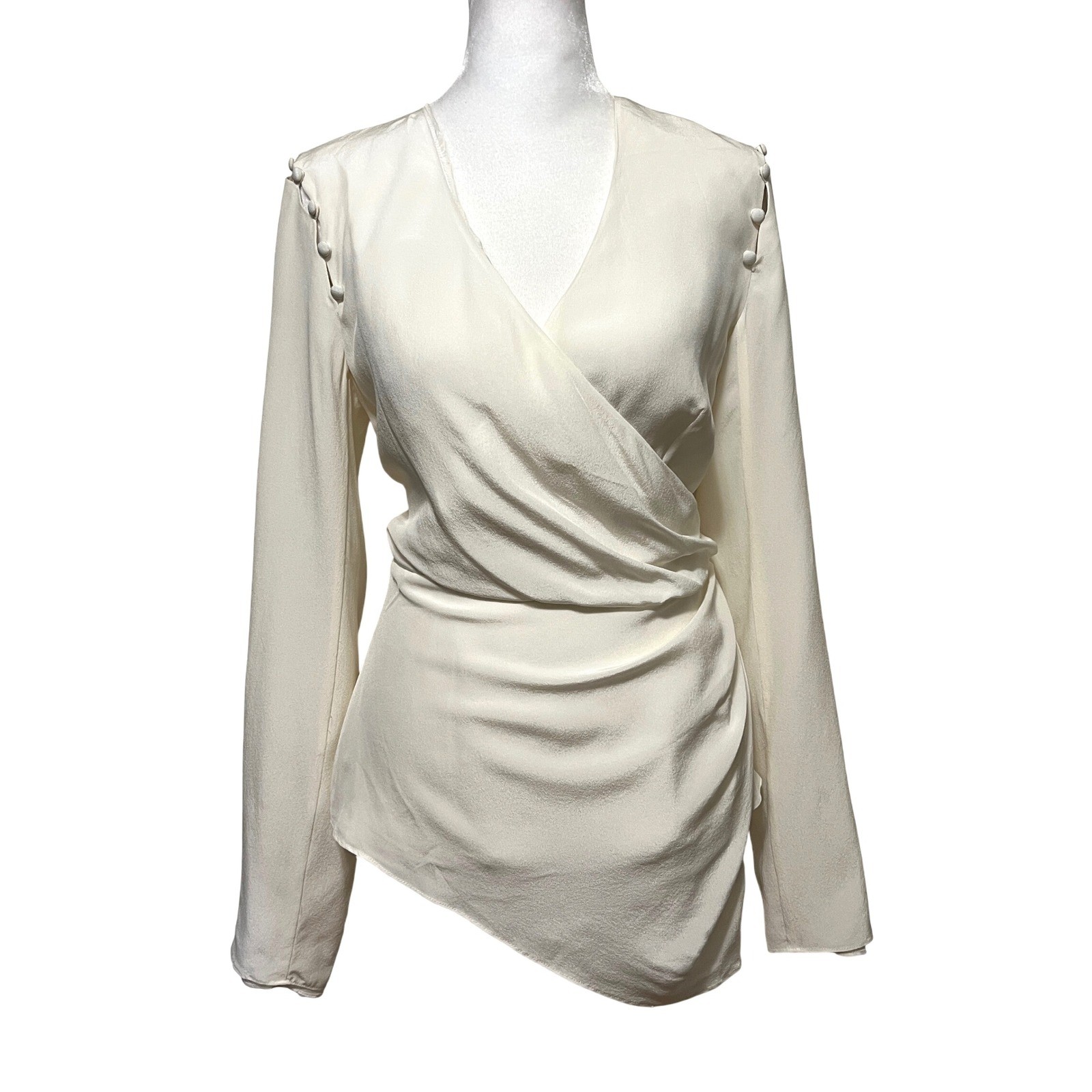 AMUR Joanna Womens Wrap Blouse Top Ivory Silk Long Sleeve Button Detail Size M