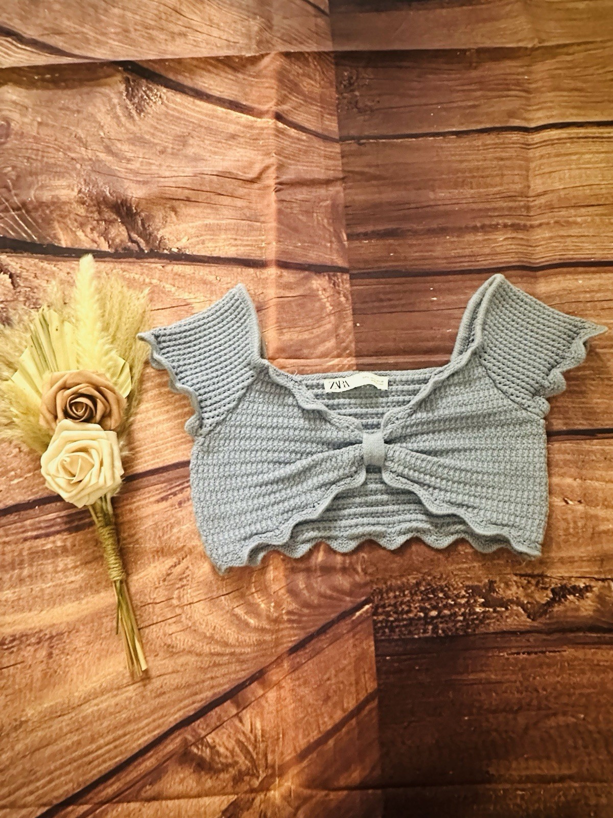 Zara Blue Ribbed Crochet Knot Bow Front Crop Top Size XS
