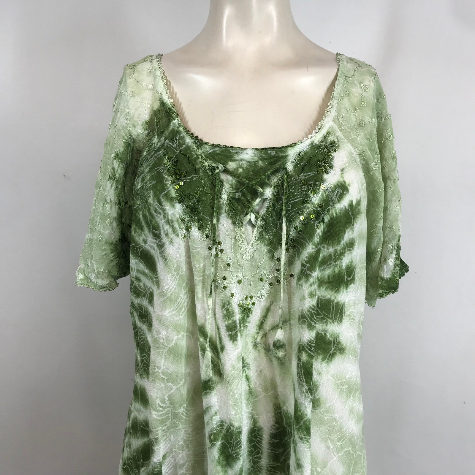 Sakkas Green Tie Dye Boho Tunic Top Plus Size Lace Embroidery Sequin TS-2209 NEW