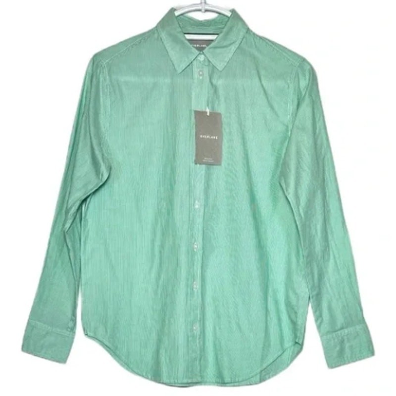 Everlane Shirt Size 4 Button-Down Collared Long Sleeve 100% Cotton Green Stripe